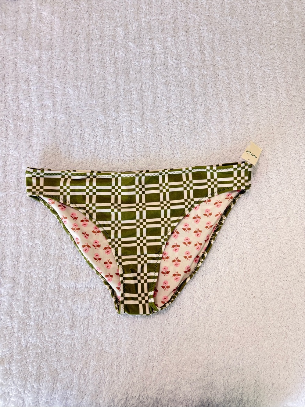 American Eagle- Aerie Green Plaid Bikini Bottoms with Pink Floral Lining